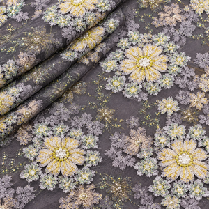 Charcoal Grey Luxury Beaded Floral Lace 100% Polyester Pearl Embroidery Fabric for Bridal Wedding Party Wear - Product Image 2