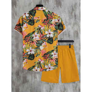 Chemise boutonnée à manches courtes pour hommes, motif floral tropical jaune, short assorti, ensemble 2 pièces, tenue de plage hawaïenne décontractée - Product Image 2
