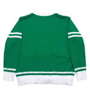 Cárdigan de punto verde con cuello en V para mujer, de acrílico, con bordado de parche de moda, color liso, para invierno, de la hermandad universitaria. - Product Image 6