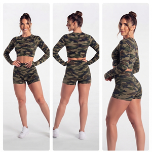 Conjunto Deportivo de Camuflaje para Mujer, Top Corto de Manga Larga, Pantalones Cortos de Cintura Alta, Ropa Deportiva, Conjunto de 2 Piezas, Top y Pantalones Cortos para Entrenamiento - Product Image 5