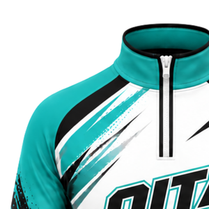 Veste de sport à col zippé turquoise, blanc et noir, à manches longues, pour l'entraînement athlétique et la course, performance optimale, vêtement de sport personnalisé, fermeture frontale. - Product Image 4