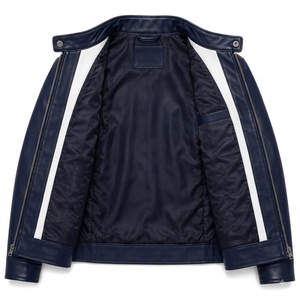 Veste en cuir pour homme bleu marine et blanc avec blocs de couleur, col montant et fermeture éclair - Product Image 2
