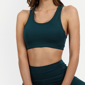 Seamless Racerback Sports Bra Women Dark Green Scoop <b>Neck</b> <b>Light</b> Support Yoga Workout Breathable Stretchable Spandex/Nylon Button - Product Image 4