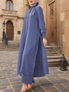 Conjunto de Ropa Étnica de Oriente Medio OEM Glory, Camisa con Puños Fruncidos de Nuevo Estilo Musulmán + Pantalones Largos Drapeados de Color Sólido, Gran Venta - Product Image 1