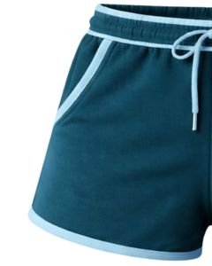 Pantalones Cortos de Felpa de Algodón para Mujer, Color Verde Azulado Oscuro con Contraste Azul Cielo, Cintura Elástica, Ropa Deportiva Informal de Verano, Personalizados por el Fabricante - Product Image 3