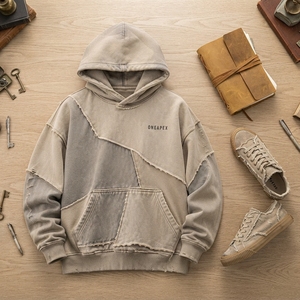 Sweat-shirt surdimensionné personnalisé pour homme, style streetwear, avec patchwork crème, effet vieilli et bords bruts - Product Image 5