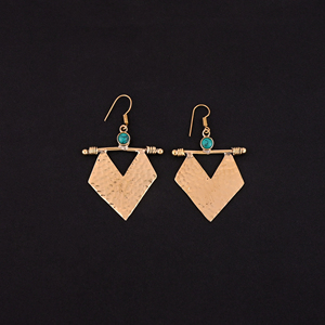 Gold Plated Brass Drop Chevron <b>Earrings</b> with Trendy Green Onyx Stone 62x40MM Size Women's - Product Image 2