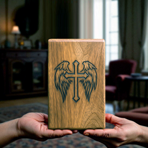 Urna Funeraria de Madera Qualcosa con Diseño de Cruz y Alas, Acabado Natural, Tamaño Adulto, Personalizable, 200 Pulgadas Cúbicas, Color Marrón - Product Image 2