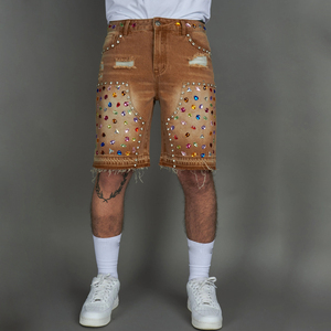 Pantalones cortos de mezclilla marrón de alta calidad con paneles dobles de rodilla personalizados con múltiples pedrerías, pedrería grande y cortes clásicos, lavado vintage y peso pesado. - Product Image 2