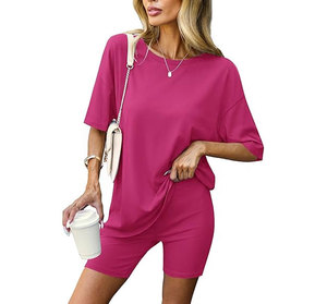 Women's Pink 2-Piece Shorts Set O-Neck Short Sleeve Loose Fit Casual Summer Knitted Solid Color Breathable Daily Wear Outfit - Product Image 2
