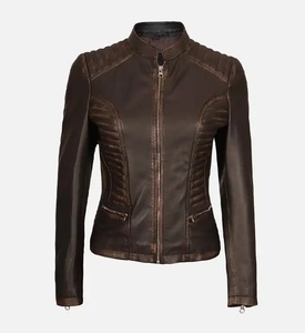 Women's Dark <b>Brown</b> PU <b>Leather</b> Moto <b>Jacket</b> Full Sleeve Stand Collar Quilted Zipper Closure Autumn Style - Product Image 4