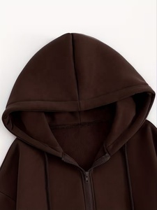 Sweat-shirt court à capuche zippé pour femme, marron, brodé de fleurs, style décontracté, 100 % coton tricoté, collection automne - Product Image 3
