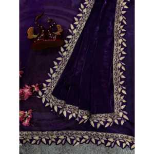 Sari de soirée de créateur avec broderie de paillettes et bordure en dentelle - Product Image 3