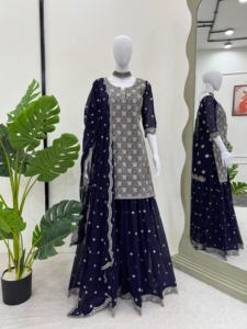 Salwar Kameez en soie à manches longues de style indien pakistanais pour femmes, imprimé fantaisie, vêtements de fête modernes - Product Image 3