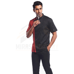 Blouse de barbier noire et rouge à manches courtes pour homme, en polyester respirant, uniforme de travail tendance - Product Image 3