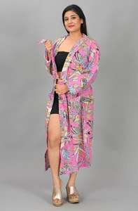 Bata Kimono Multiusos para Mujer, Cuello en V, Cierre con Cordón, Estampado a Mano, 100% Algodón, Ligera, Transpirable, Estilo Boho Elegante - Product Image 3