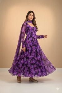 Kurti Morado con Estampado Digital y Borde de Encaje Georgette, Precio de Fabricante, Suministro al por Mayor para Ropa Festiva - Product Image 4