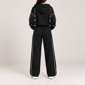 Conjunto de chándal negro para mujer con ribetes, chaqueta con capucha y cremallera completa, pantalones de chándal de pierna ancha, ajuste relajado, dos piezas, ropa casual urbana al por mayor - Product Image 2
