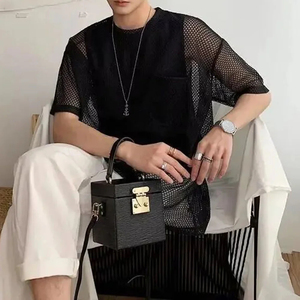เสื้อยืดผู้ชาย Y2K ลายตารางโปร่งแสง แขนสั้นอเนกประสงค์ เสื้อยืดสตรีทแวร์ สีพื้น สำหรับฤดูร้อน เสื้อผ้าผู้ชาย 2024 - Product Image 4