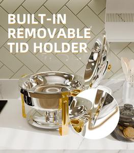 Premium Stainless Steel Chafing Dish with Gold Handles and Trim Luxury Round Buffet <b>Food</b> <b>Warmer</b> Set for Upscale Catering Events - Product Image 6