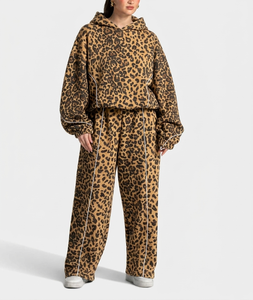 Custom Logo Leopard Print Oversize Contrast Pipping Women's <b>Tracksuit</b> Leopard Pullover Contrast Lining Hoodie & Jogger For Women - Product Image 1