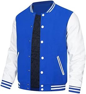 <b>Men's</b> Varsity <b>Jacket</b> Blue <b>White</b> Color Block Button Front Preppy Style Regular Fit Polyester Cotton Shell Turn-down Collar <b>Jacket</b> - Product Image 4