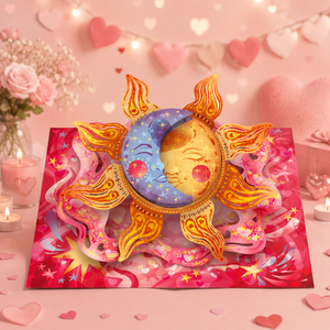 Carte pop-up 3D Lune et Soleil, design personnalisé pour la Saint-Valentin, faite à la main, design amour et cœur, cartes de vœux pour la Saint-Valentin - Product Image 1