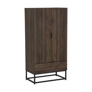 Modern <b>Walnut</b> Wardrobe <b>Cabinet</b> with 2 Doors and Storage Drawer Industrial Style Bedroom Armoire with Black Metal Base Stand - Product Image 1