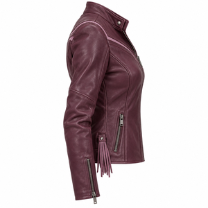 Side <b>Tassel</b> Pocket <b>Women</b> Real Leather Biker <b>Jacket</b> Deep Plum Mandarin Collar Piping Outerwear Custom Factory Service Odm - Product Image 3