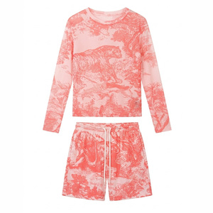 Ensemble de vêtements assortis à la mode, imprimé tigre vintage, 2 pièces, haut à manches longues décontracté et short à cordon de serrage - Product Image 1