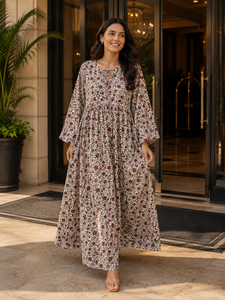 Vestido de Fiesta Moderno Bohemio con Estampado Floral, Largo hasta el Suelo, Cuello en V, Manga Larga, Cintura Natural, Corte Acampanado, Lavable, 100% Algodón Tejido Ecológico - Product Image 5