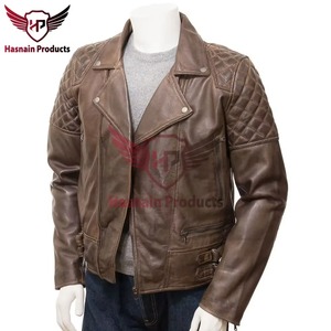 Blouson en cuir véritable marron pour homme, coupe ajustée, style motard, matelassé, en cuir de vachette, vintage, effet vieilli, personnalisé, classique, vêtement d'extérieur - Product Image 4