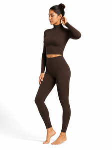 <b>Brown</b> 2-Piece Yoga Set Crew Neck Crop Top High-Waist Full-Length <b>Leggings</b> Elastic Waist Seamless Four-Way Stretch Eco-Friendly - Product Image 2