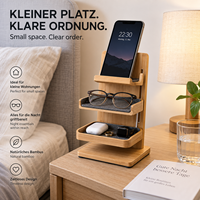Organisateur de chevet vertical compact en bambou, moderne, luxueux et écologique, support réglable pour téléphone et lunettes, idéal pour les petits espaces