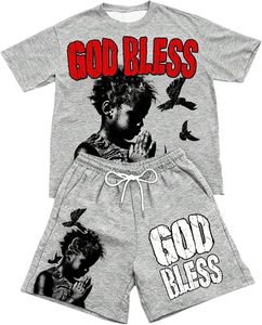 Conjunto de Camiseta y Pantalones Cortos de Punto con Estampado Gráfico God Bless, Ropa Casual Urbana para Hombre, 2 Piezas, Algodón Transpirable Ecológico - Product Image 2