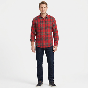 Camisa de Franela a Cuadros Roja para Hombre, Manga Larga, Corte Regular, 100% Algodón, Cuello Clásico, para Otoño, Popelina 100 - Product Image 4