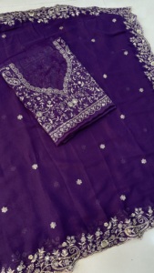 ผ้าไหมปักลายสีม่วงพร้อมเสื้อสำหรับผู้หญิง งานแต่งงาน สง่างาม ยาวถึงพื้น ทรงปกติ สไตล์อินเดีย ปากีสถาน - Product Image 6
