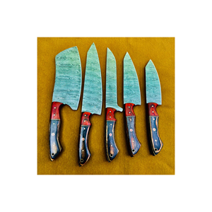 Juego de 5 cuchillos de cocina de acero de Damasco hechos a mano con hoja azul y mango de madera bicolor - Product Image 1