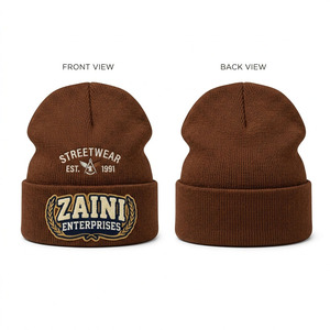 Gorro de Punto Acrílico Premium ZAINI, 280 GSM, Color Marrón Camel, con Borde, para Invierno, con Logotipo Bordado, Etiqueta Bordada, Estilo Urbano - Product Image 1