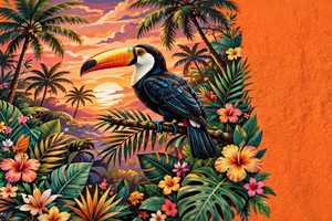 Camiseta Personalizada para Mujer con Estampado Tropical de Tucán, Palmera Naranja y Atardecer Floral, Camiseta de Algodón OEM, Estilo Vacaciones en la Playa, Top de Verano - Product Image 5