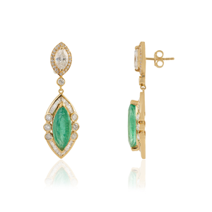 Explora los Aretes Colgantes de Esmeralda y Diamantes Naturales al 100% en Forma de Marquesa para Mujer, Joyería de Oro Amarillo de 14K - Product Image 3