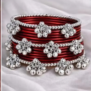 Colorful Stylish Vibrant Brown Silver Plated Trendy Geometric Glass <b>Bangles</b> Imitation Pearl Churiyan <b>Set</b> for Wedding Party Wear - Product Image 6