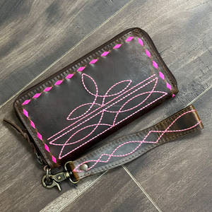 Nueva Llegada Cartera de Mano de Cuero Genuino Hecha a Mano con Costuras Estilo Bota, Estilo Western, Porta Dinero y Tarjetas, Monedero de Muñeca con Cremallera para Mujer - Product Image 2