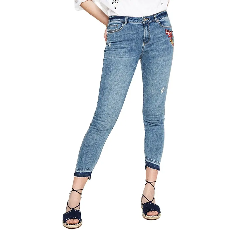 Denim pent women Hotsale Top Quality women denim pants embroidered flower skinny leg jeans trousers