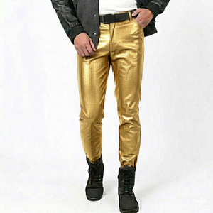 Men's High Quality Lightweight Skinny Shiny PU Leather Sweatpants <b>Button</b> Fly High Waist Elastic Waterproof Breathable <b>Gold</b> Black - Product Image 1
