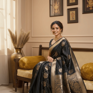 Sari noir en satin pur tissé à la main avec bordure en Zari doré |   Sari ethnique de luxe traditionnel pour femmes, idéal pour les fêtes de mariage - Product Image 1