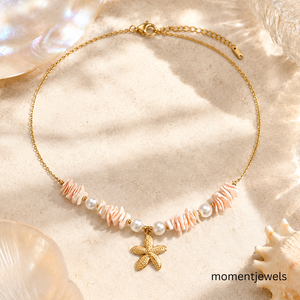 Collar con Colgante de Estrella de Mar Geométrica de Acero Inoxidable y Oro de 18K, Cadena con Dije de Concha Rosa, Joyería para Mujer, Fiesta en la Playa - Product Image 1