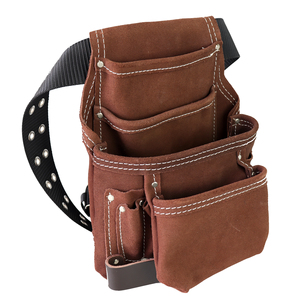 Brown Leather <b>Tool</b> <b>Roll</b> With Multiple Pockets Hammer Holder Screwdriver Wrench Pliers Tape Measure Cell Phone Storage Waist <b>Bag</b> - Product Image 1