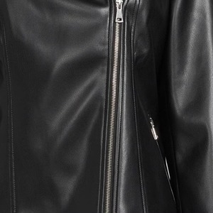 Veste Moto Femme en Cuir Véritable et Toile Écologique, Col Montant, Fermeture Éclair, Couleur Unie, Manches Longues, Multi-Saisons - Product Image 5