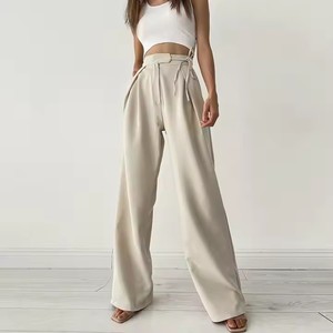 Pantalones casuales de mujer al por mayor, de cintura alta, con cordón, de algodón, holgados, de pierna ancha, pantalones anchos para mujer - Product Image 1